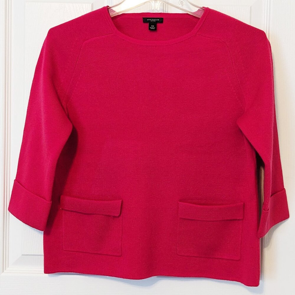 Ann Taylor Hot Pink Crew Neck with 3/4 Cuff Sleeves Sweater